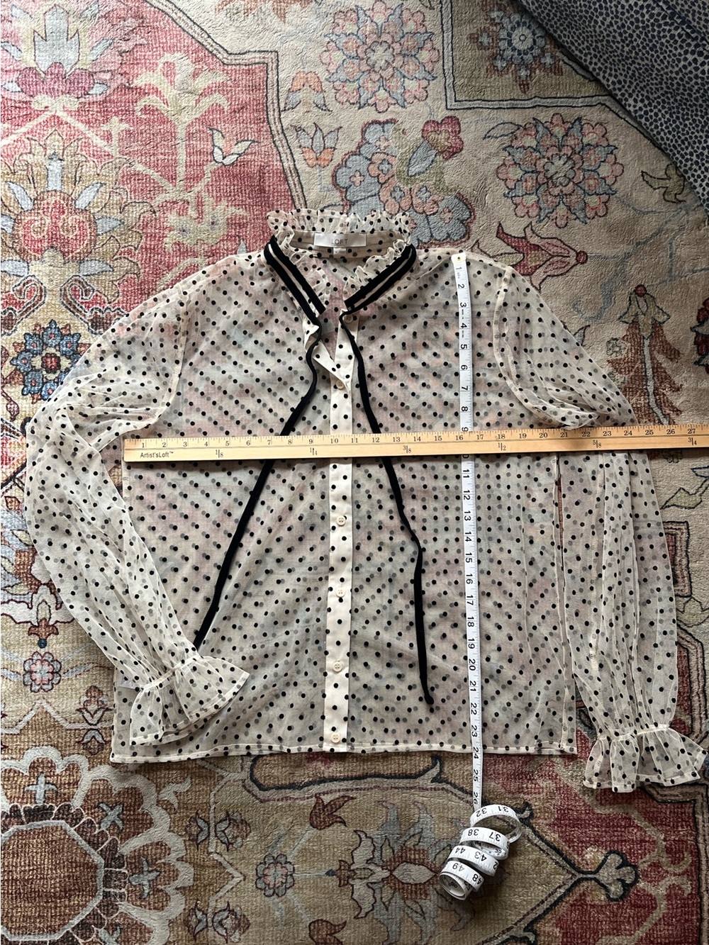 LOFT ivory tulle mesh blouse with black velvet dots size M